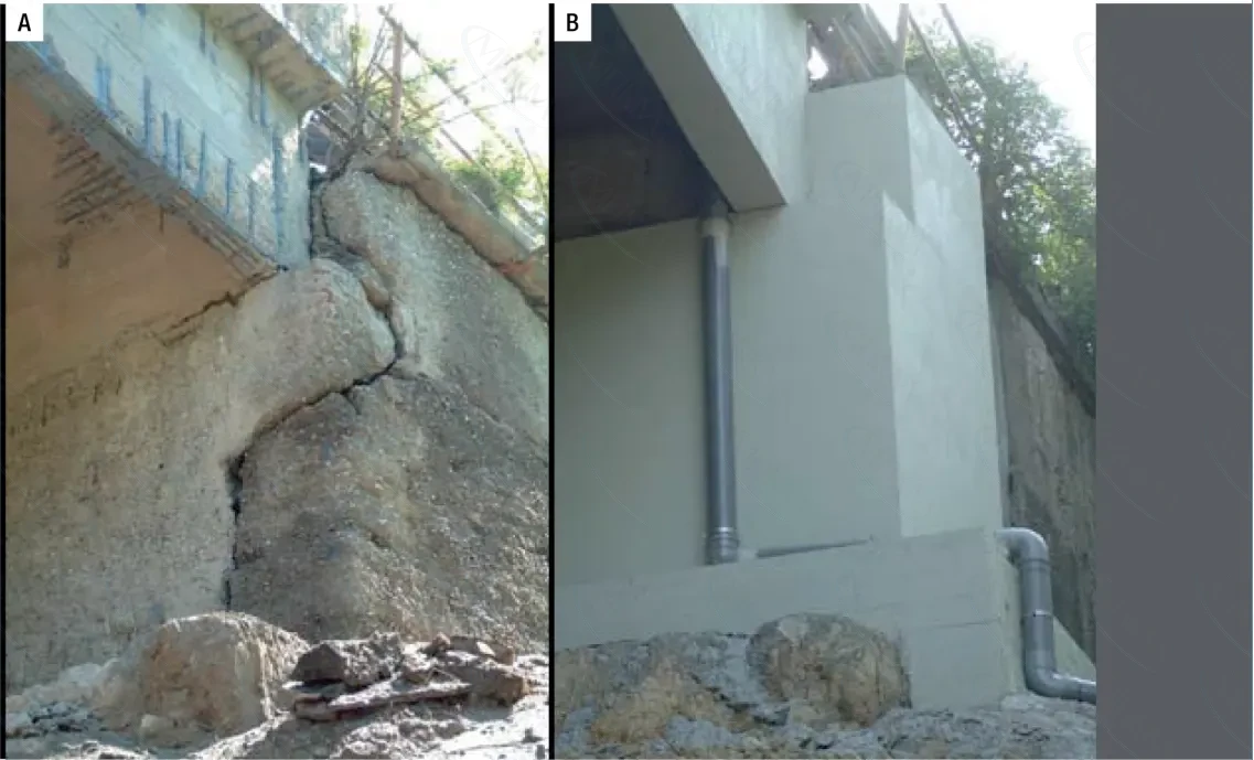 Бетонная конструкция до ремонта (А) и после (В) Бетонная конструкция до ремонта (А) и после (В)